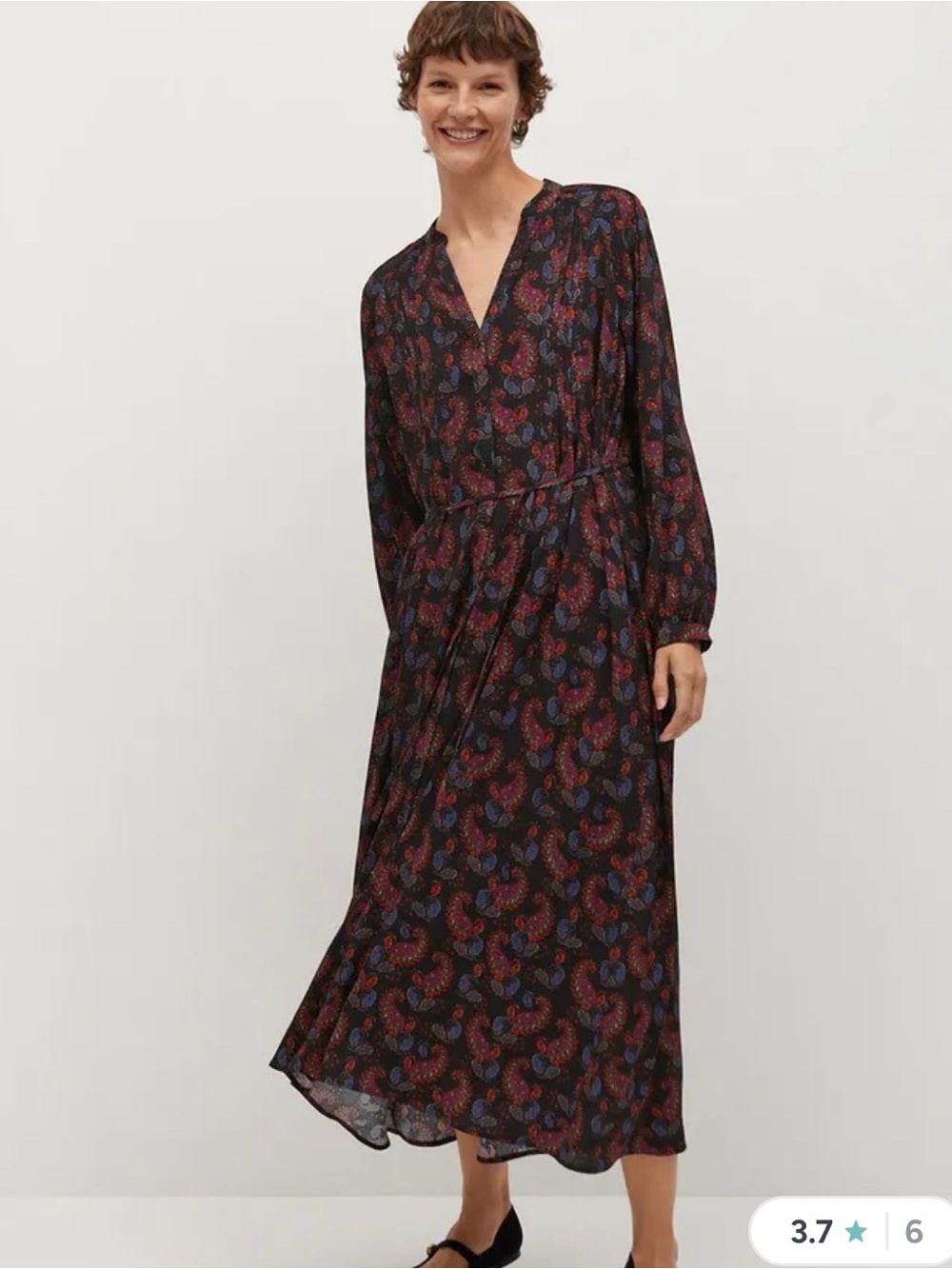 NWT mango Long Sleeve V-Neck Paisley Midi Dress in Black